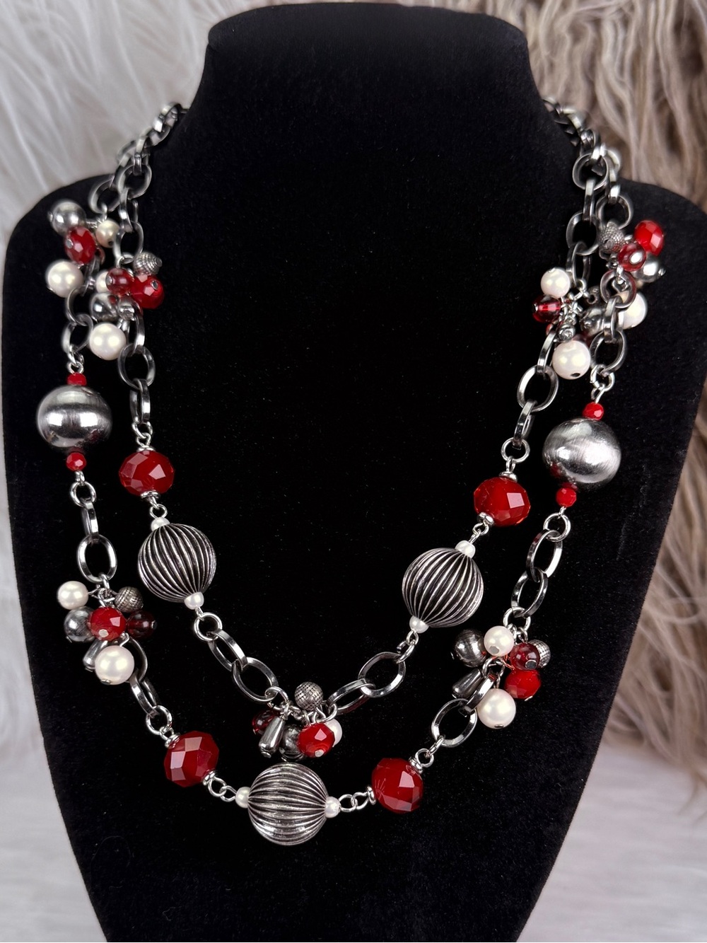 Multi Strand Gunmetal Red White Beaded Statement Adjustable Chunky Necklace